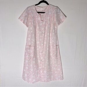 Vintage Pink Floral Snap Front Midi Length Short Sleeve Nightgown Pyjama Dress L